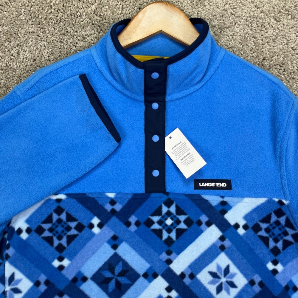 Lands End Heritage Pullover Womens S 6-8 Blue Long‎ Sleeve Fleece Snap Neck NEW
